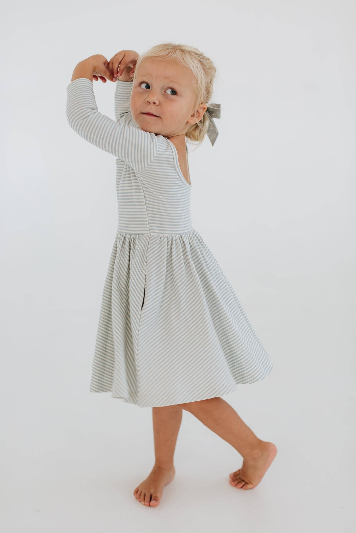 Three-Quarter Sleeve Twirl Dress - Horizontal Blue Stripes