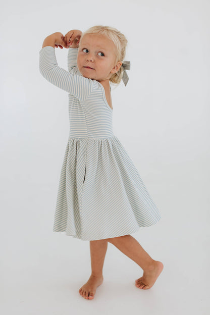 Three-Quarter Sleeve Twirl Dress - Horizontal Blue Stripes
