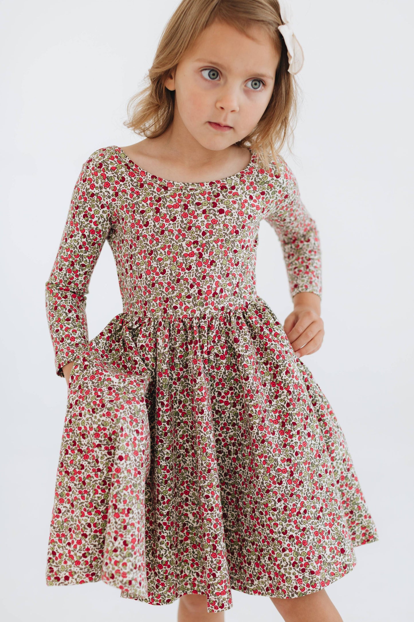 Three-Quarter Sleeve Twirl Dress - Crimson Flora
