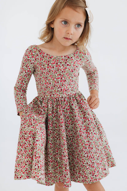 Three-Quarter Sleeve Twirl Dress - Crimson Flora