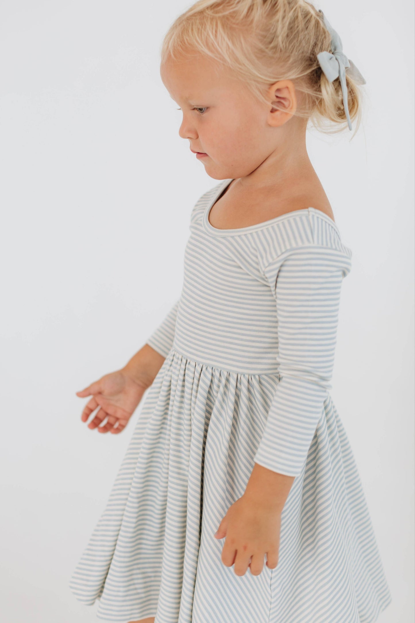 Three-Quarter Sleeve Twirl Dress - Horizontal Blue Stripes