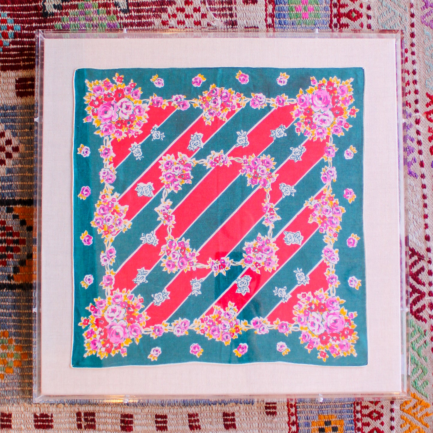 Framed Mid Century Handkerchief - Red & Green Stripe Floral