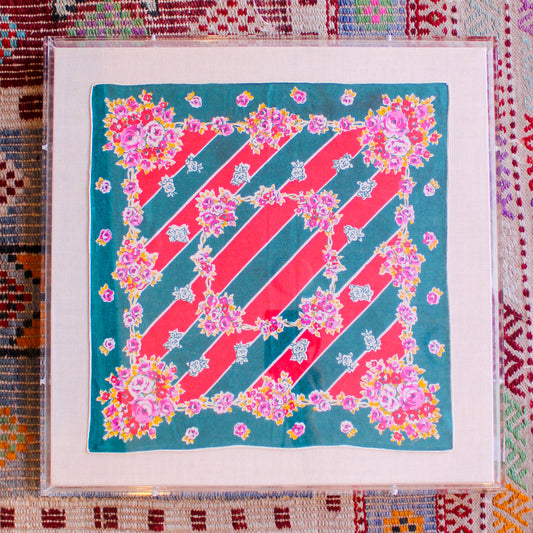 Framed Mid Century Handkerchief - Red & Green Stripe Floral