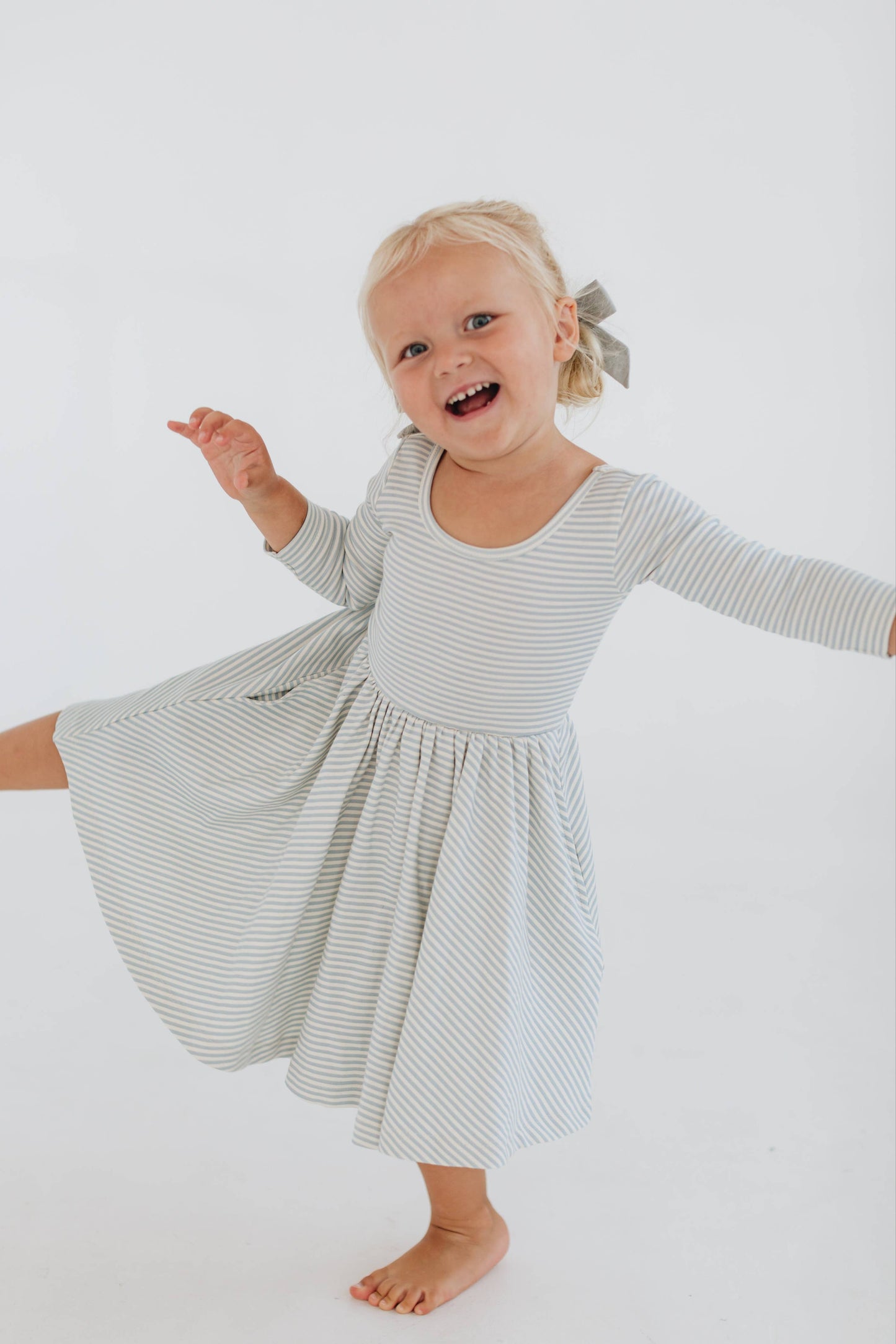 Three-Quarter Sleeve Twirl Dress - Horizontal Blue Stripes