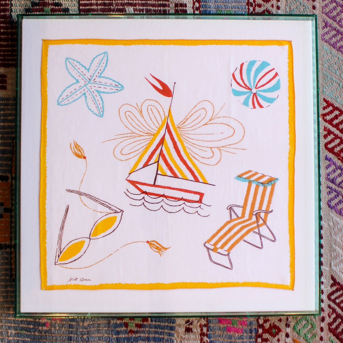 Framed Mid Century Handkerchief - "Day at the Beach"