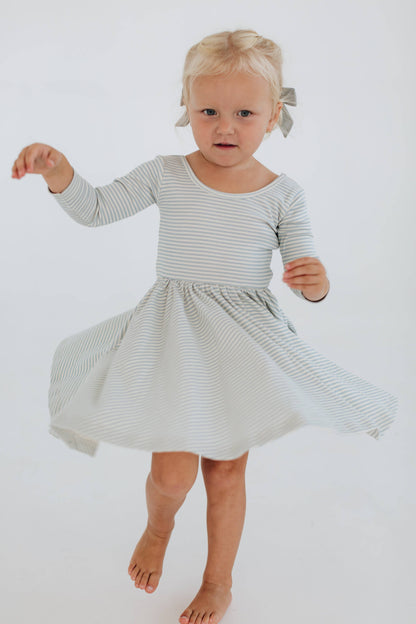 Three-Quarter Sleeve Twirl Dress - Horizontal Blue Stripes