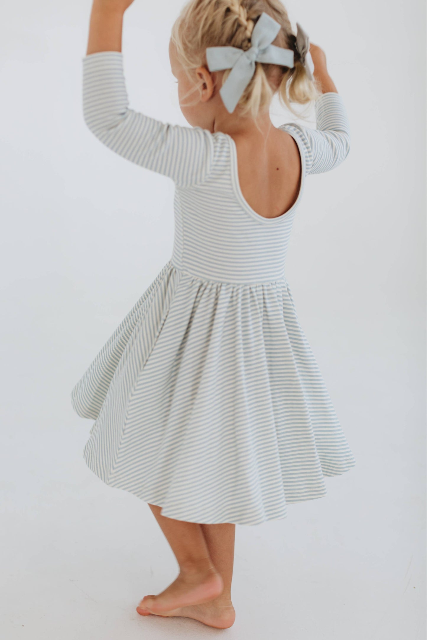 Three-Quarter Sleeve Twirl Dress - Horizontal Blue Stripes