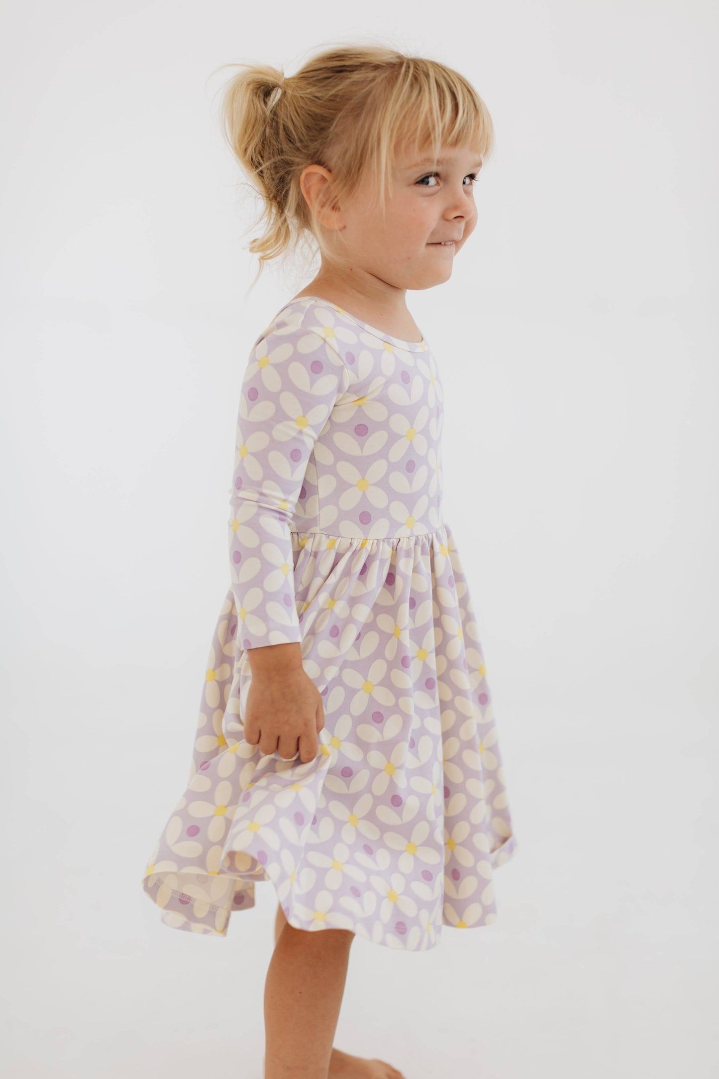 Three-Quarter Sleeve Twirl Dress - Pale Purple Petals