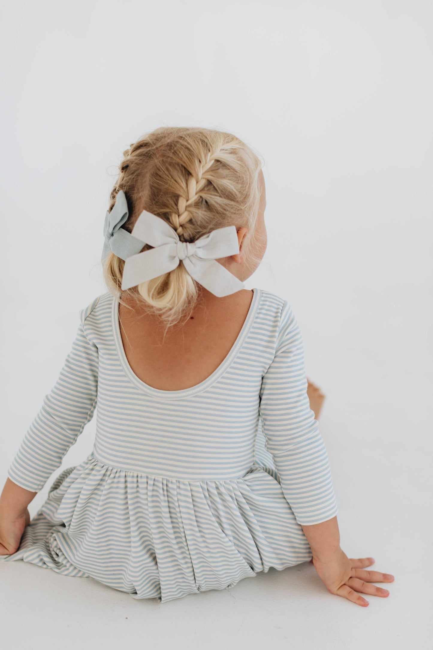 Three-Quarter Sleeve Twirl Dress - Horizontal Blue Stripes