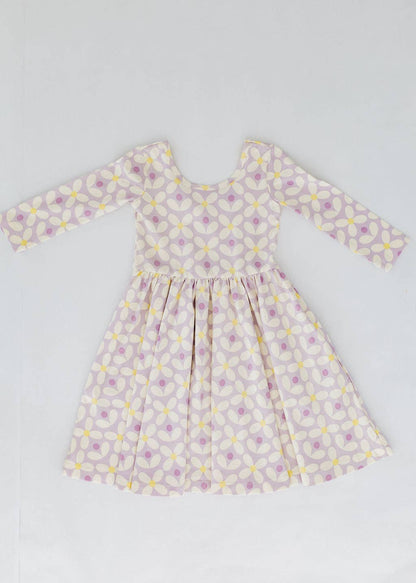 Three-Quarter Sleeve Twirl Dress - Pale Purple Petals