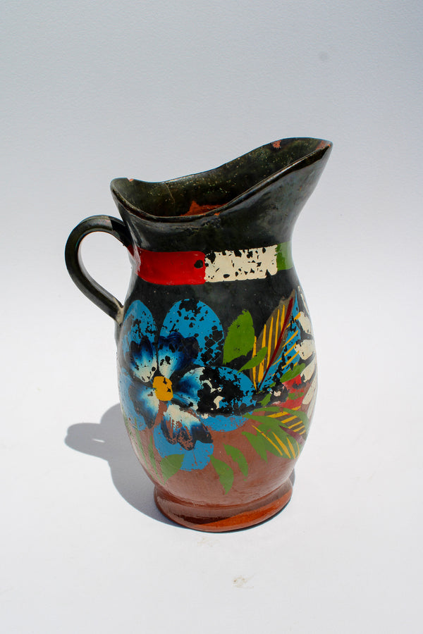 Antique Mexican Painted Vase with Flowers and Flag