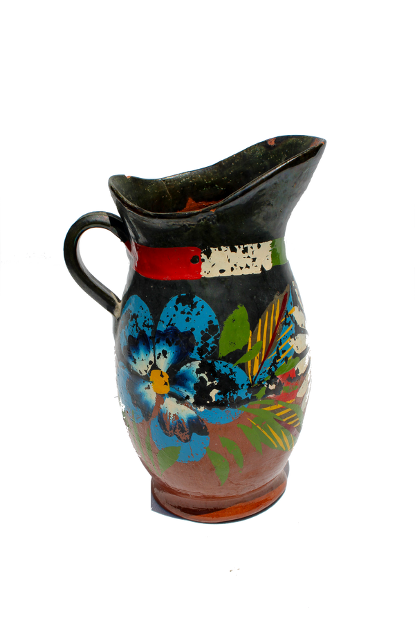 Antique Mexican Painted Vase with Flowers and Flag