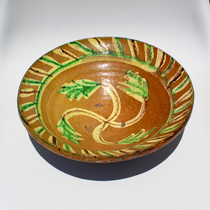 Antique Painted Pottery Bowl - Yellow/Green