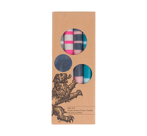 Boxed Set of 4 Taper Candles - Striped Pinks, Blues & Greys