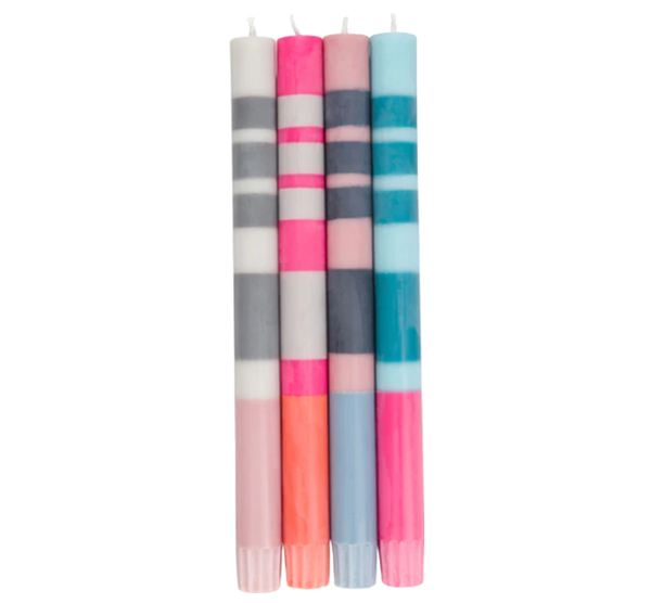 Boxed Set of 4 Taper Candles - Striped Pinks, Blues & Greys