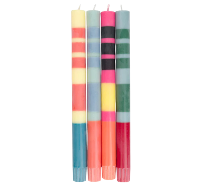 Boxed Set of 4 Taper Candles - Striped Red & Blues