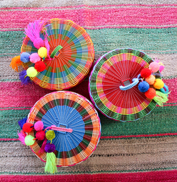 Bright Tortilla Holder Basket with Pom Pom Accent - Multi Colors