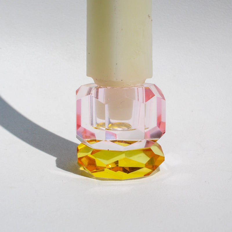 Double Faceted Crystal Candleholder - Pink/Yellow
