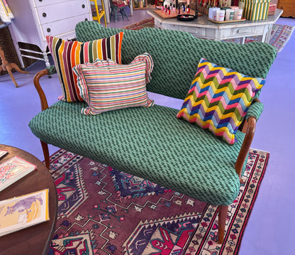 Mid Century Upholstered Settee  - Ottoline Green Lightning Bolt Fabric