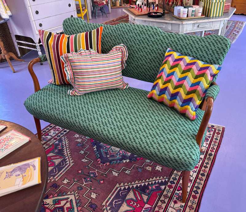 Mid Century Upholstered Settee  - Ottoline Green Lightning Bolt Fabric