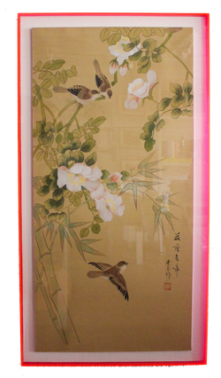 Framed Chinoiserie Vintage Silk Painting - Birds and Bamboo