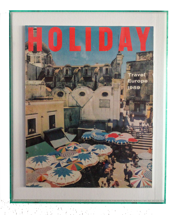 Framed Holiday Magazine Cover - January 1959, "Travel Europe" (Riviera Umbrellas)