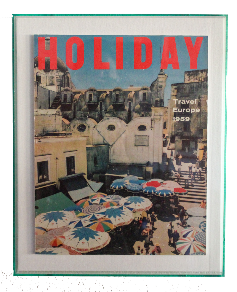 Framed Holiday Magazine Cover - January 1959, "Travel Europe" (Riviera Umbrellas)