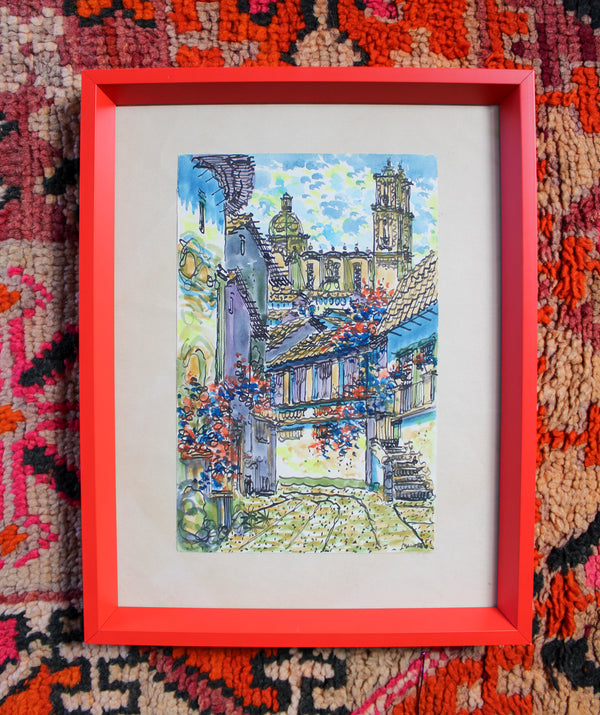 Framed Vintage Painting - European Street Scene