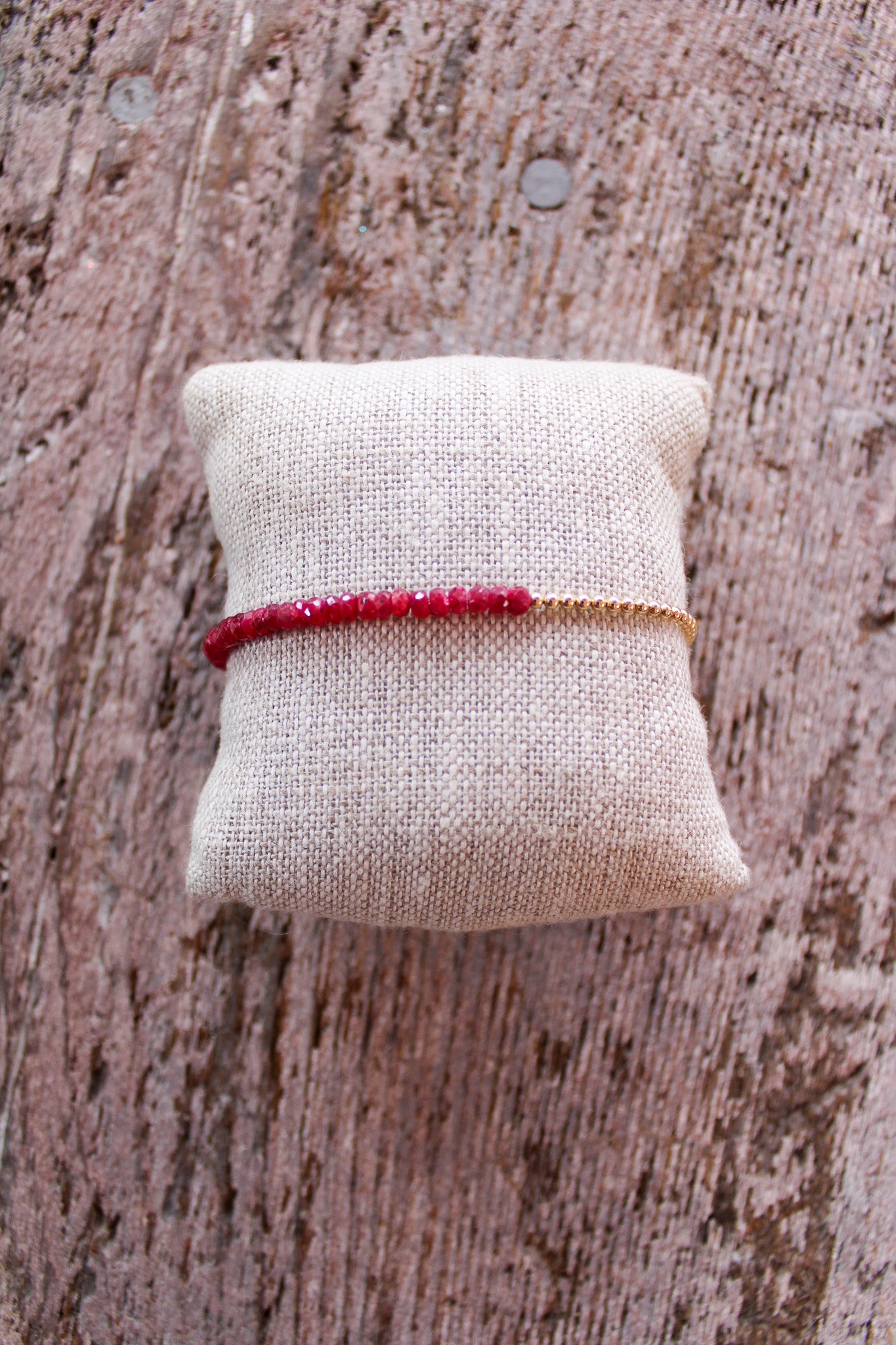 Gold Filled Ball Bracelet 2mm with Gems Across - Ruby