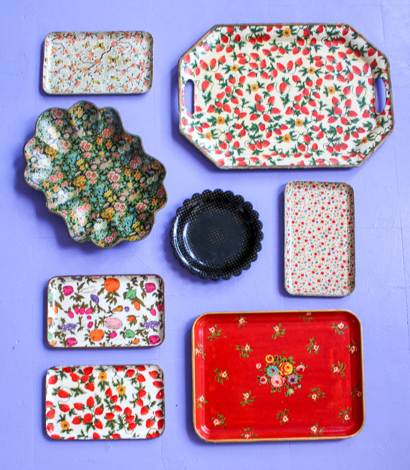 Japanese Paper Mache Tray - Red & Blue Flowers