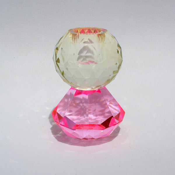 Faceted Ball on Diamond Crystal Candleholder - Pink/Butter
