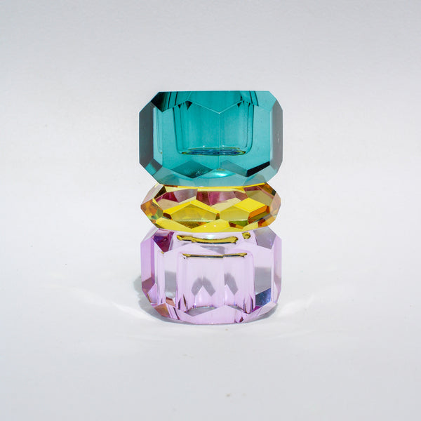 Triple Stacked Crystal Candleholder - Violet/Yellow/Petrol