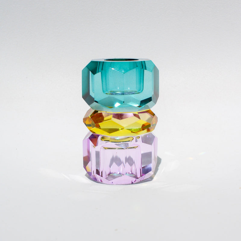 Triple Stacked Crystal Candleholder - Violet/Yellow/Petrol