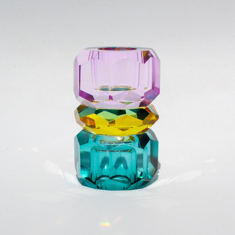 Triple Stacked Crystal Candleholder - Violet/Yellow/Petrol