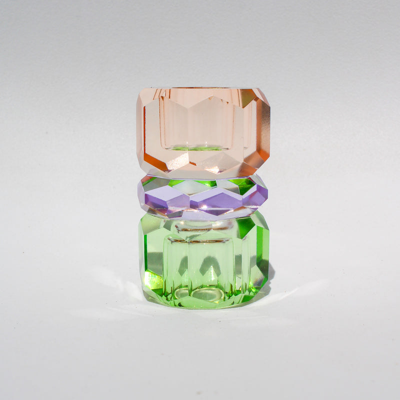 Triple Stacked Crystal Candleholder - Peach/Violet/Green