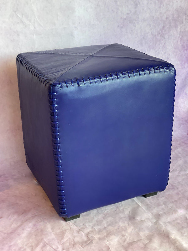 Riad Leather Cube Ottoman Marjorelle Blue