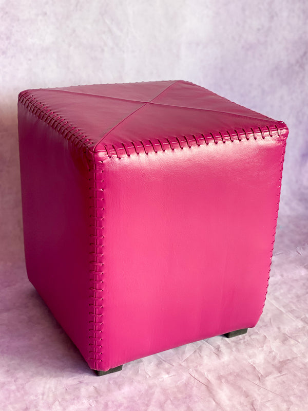 Riad Leather Cube Ottoman Bougainvillea Pink