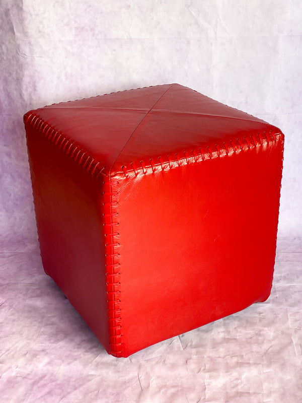 Riad Leather Cube Ottoman Hot Red