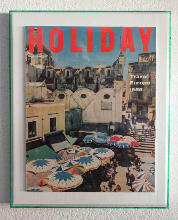 Framed Holiday Magazine Cover - January 1959, "Travel Europe" (Riviera Umbrellas)