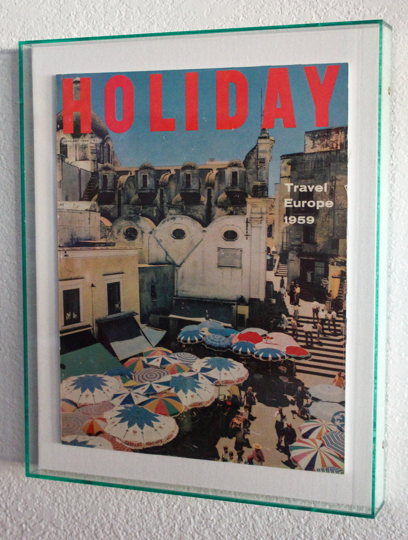 Framed Holiday Magazine Cover - January 1959, "Travel Europe" (Riviera Umbrellas)
