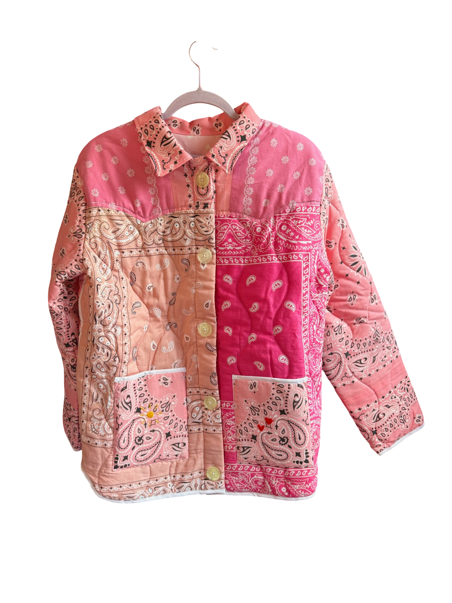One of a Kind Quilted Bandana Jacket - Pink No. 209 (Sun & Hearts)