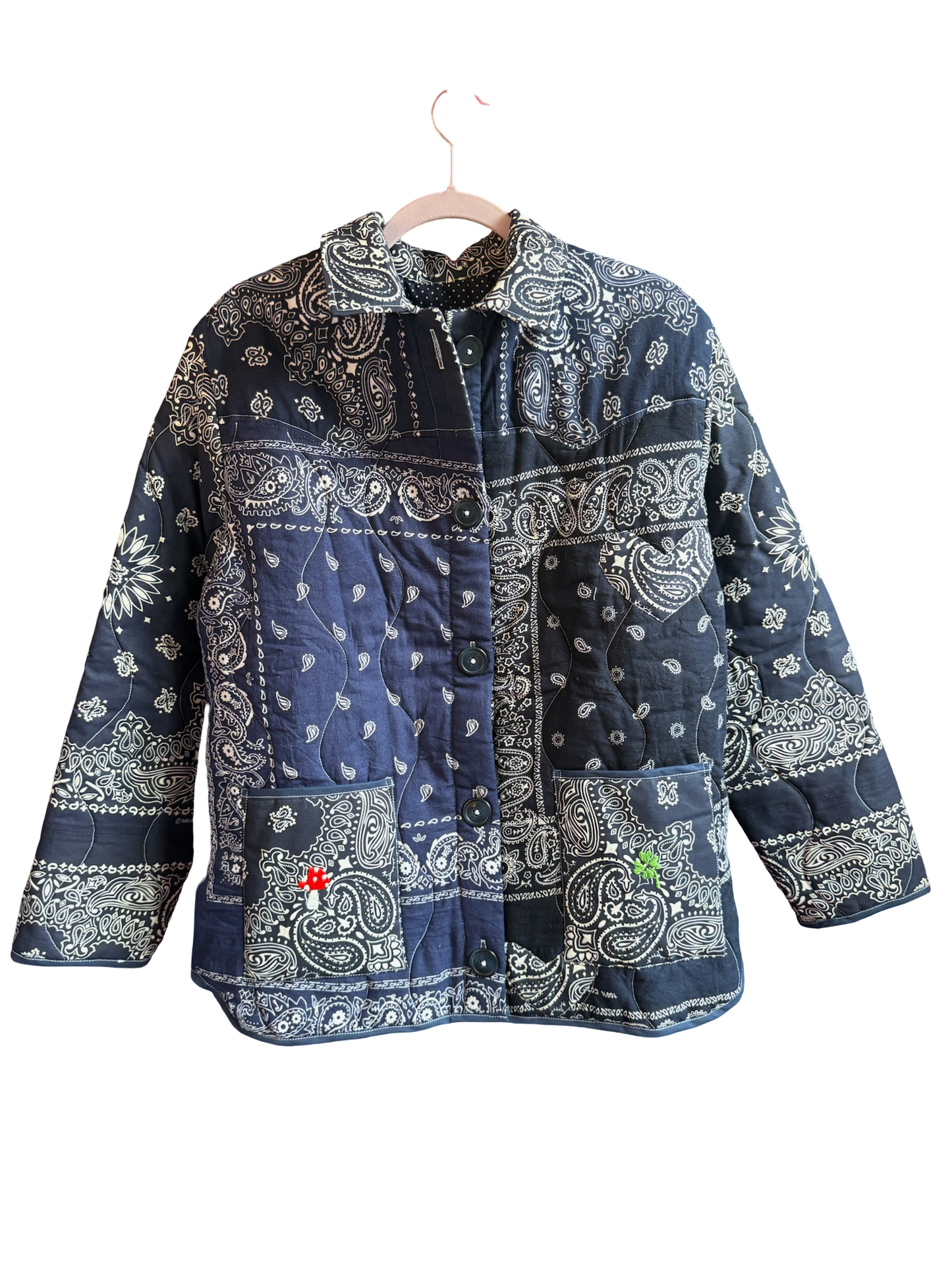 One of a Kind Quilted Bandana Jacket - Blue No. 204 (Mushroom & Clover)