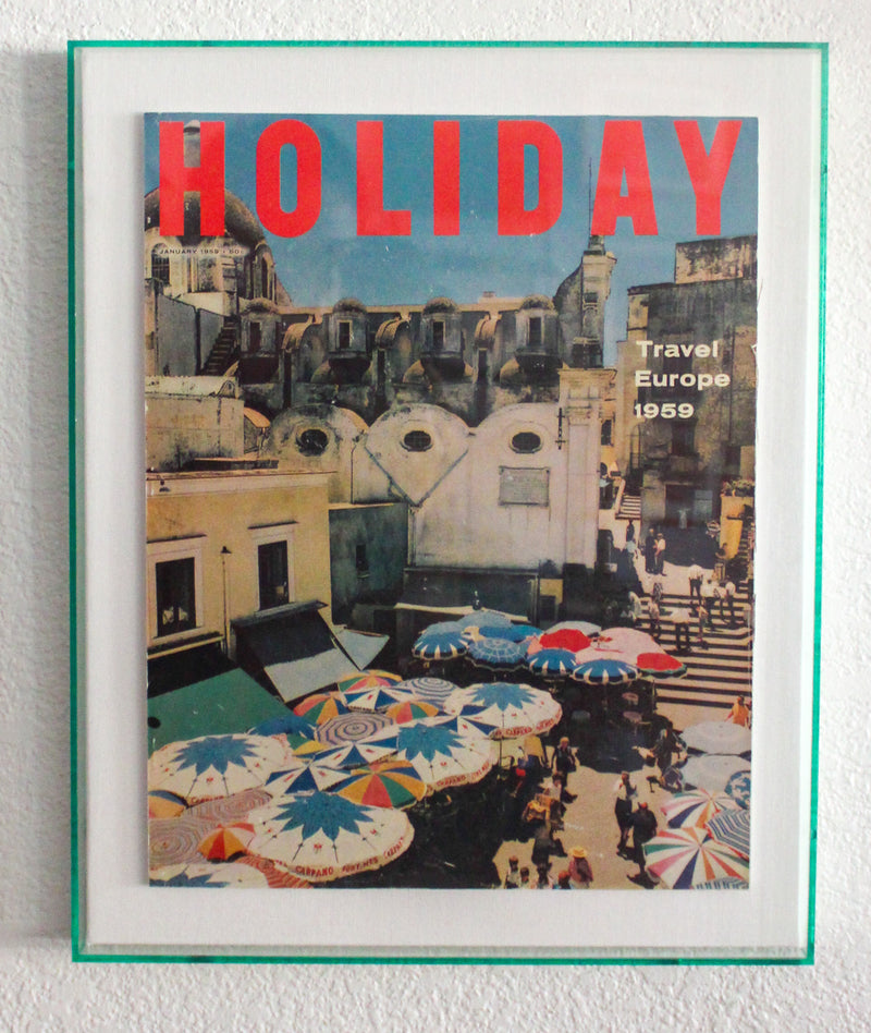 Framed Holiday Magazine Cover - January 1959, "Travel Europe" (Riviera Umbrellas)