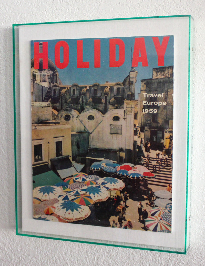 Framed Holiday Magazine Cover - January 1959, "Travel Europe" (Riviera Umbrellas)