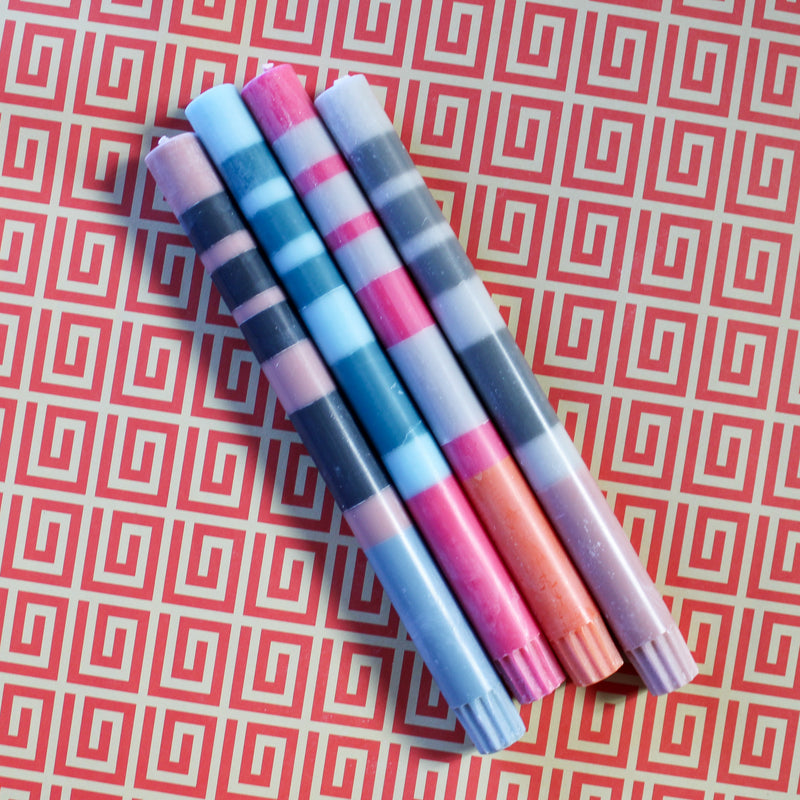 Boxed Set of 4 Taper Candles - Striped Pinks, Blues & Greys