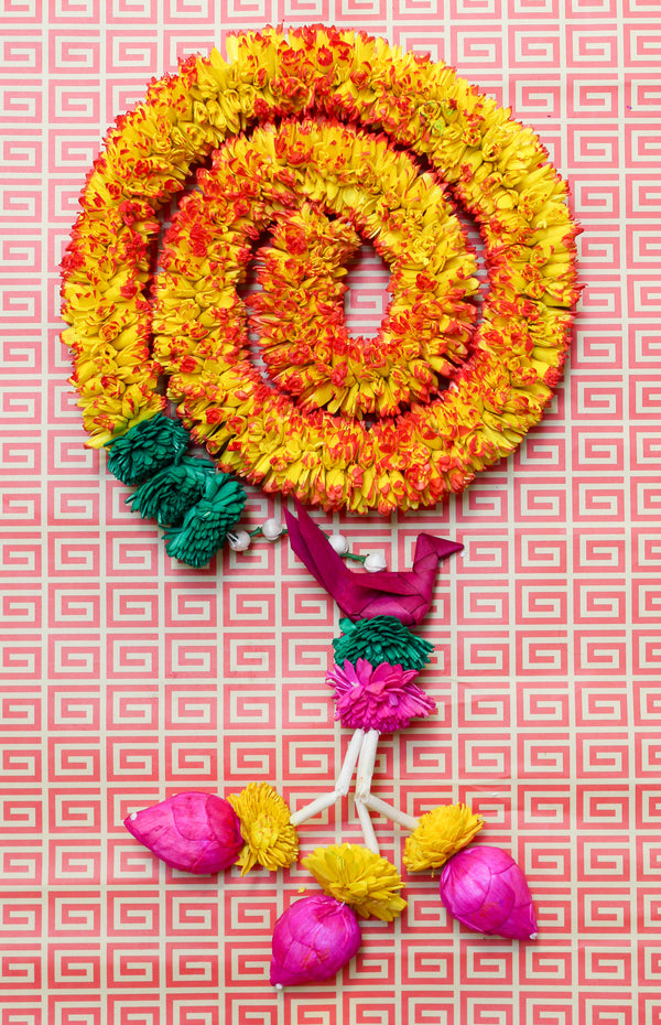 Solawood Flower Garland with Bird Tassel Detail - Yellow & Pink