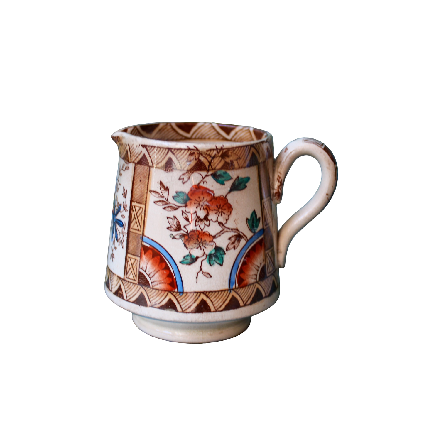 Japanese Hand Painted Brown/Red Creamer with Geometric + Floral Motif