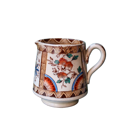 Japanese Hand Painted Brown/Red Creamer with Geometric + Floral Motif