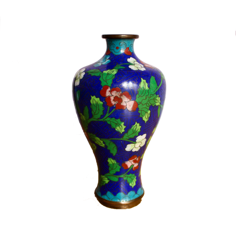 Vintage Cloisonné Vase with Blue Floral Detail