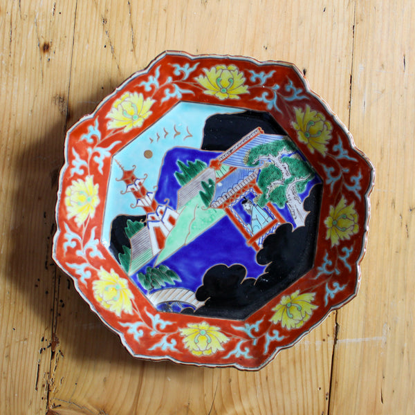 Vintage Shaped Japanese Plate with Pagoda Scene